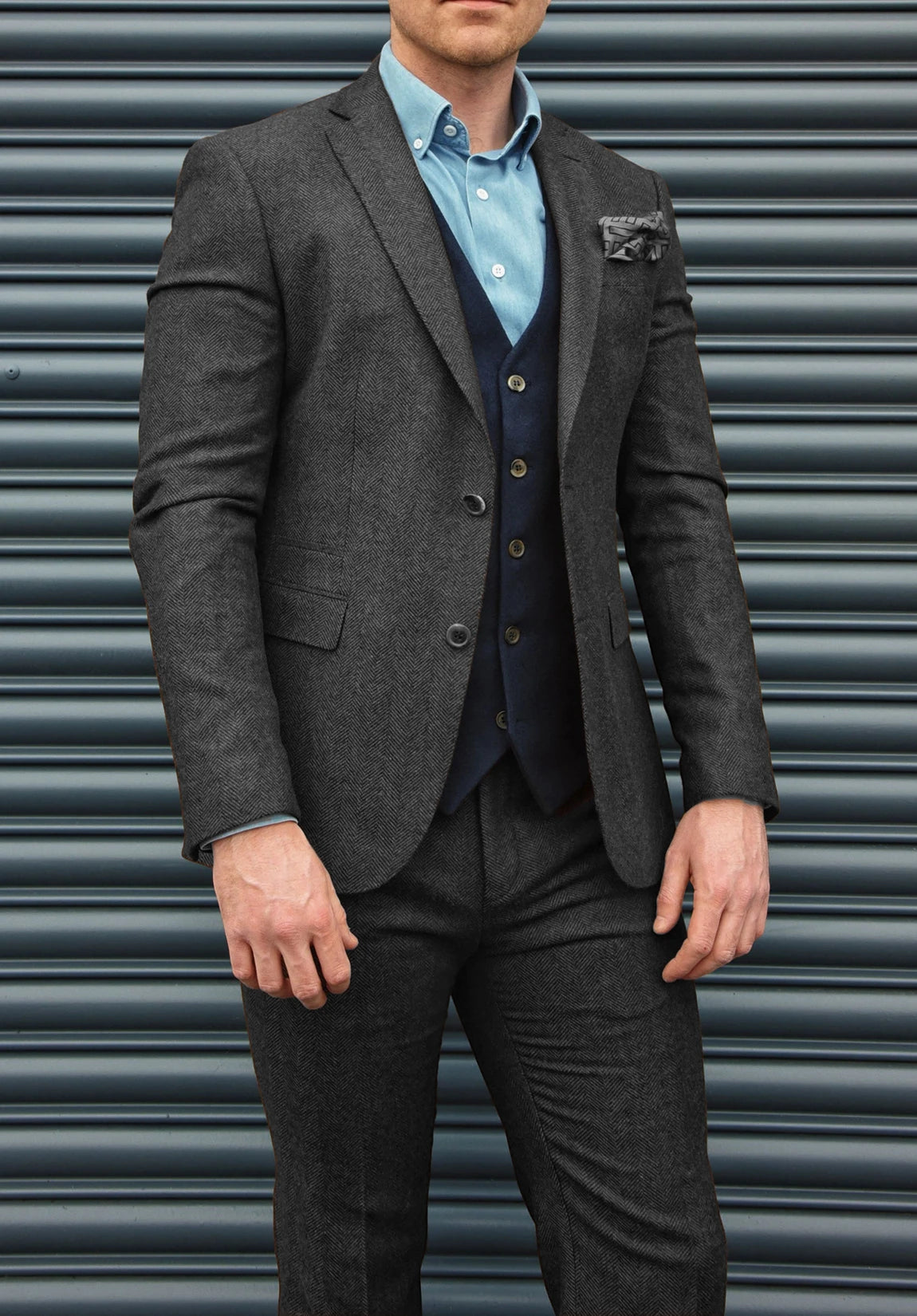 Men's Suit Blazer Dark Grey Herringbone Front Full-Body Styled Look