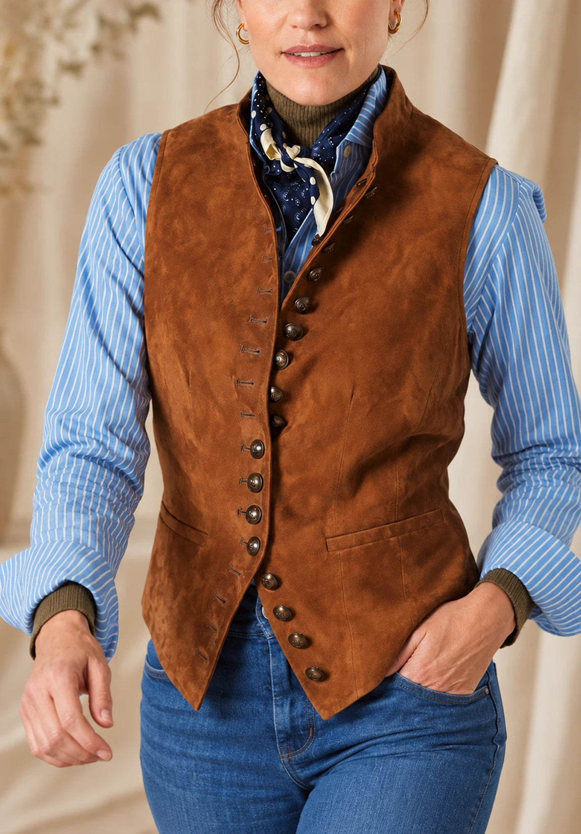 Women's Suit Vest  Brown  Suede  Front Styled Look