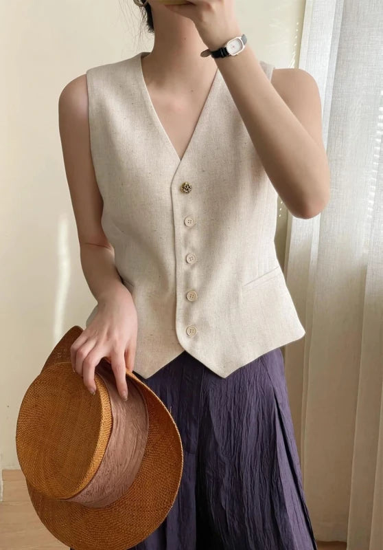 Beige Women's Linen Vest, Casual Outfit