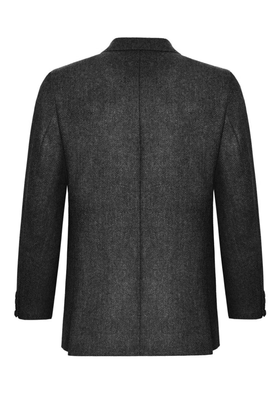 Men's herringbone tweed blazer, black wool-blend fabric classic-fit side profile with tailored fit