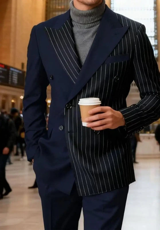 Navy Blue Patchwork Pinstripe Men's Suit Double Breasted