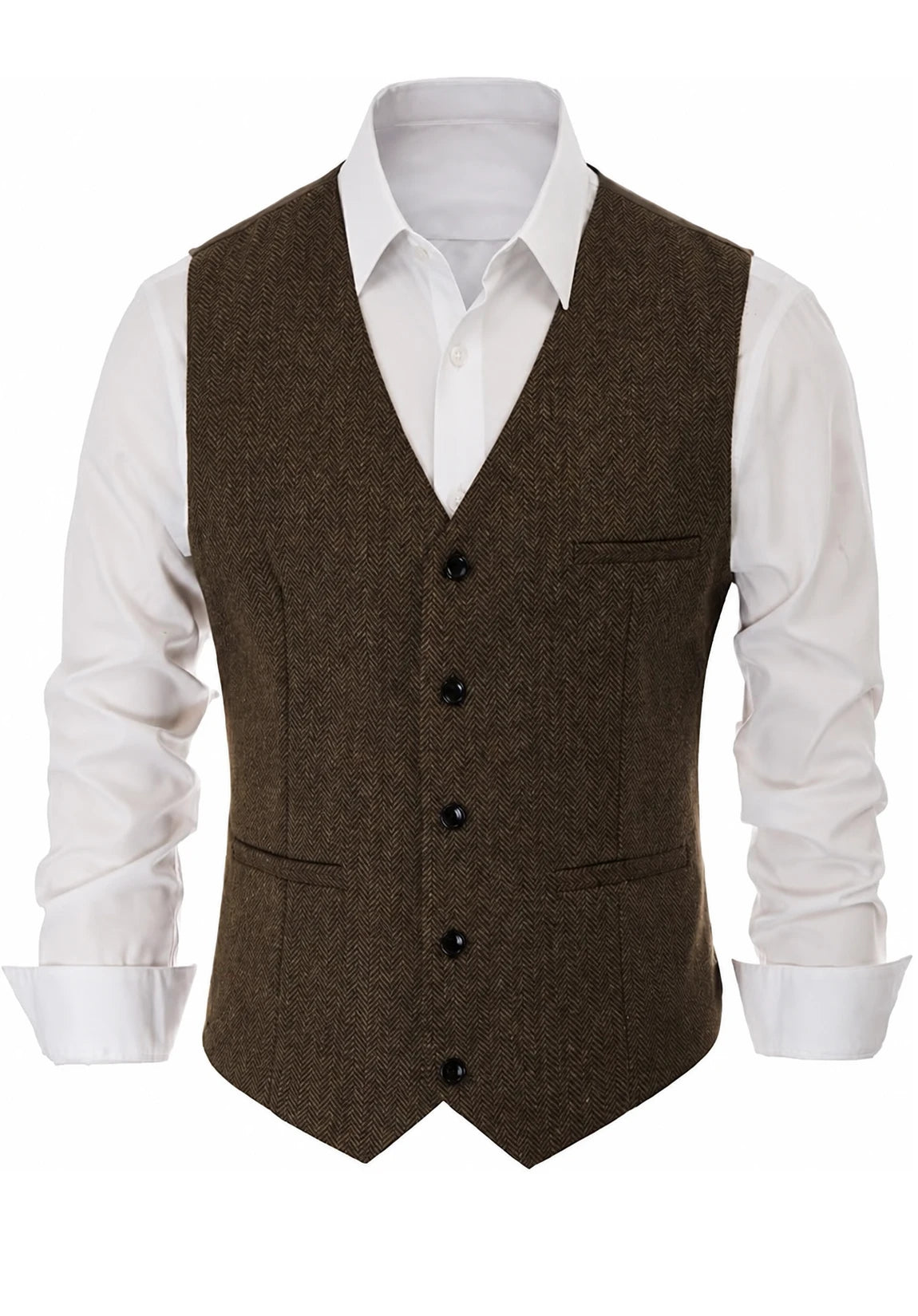 Men's Suit Vest + Brown + Herringbone + Front Product View