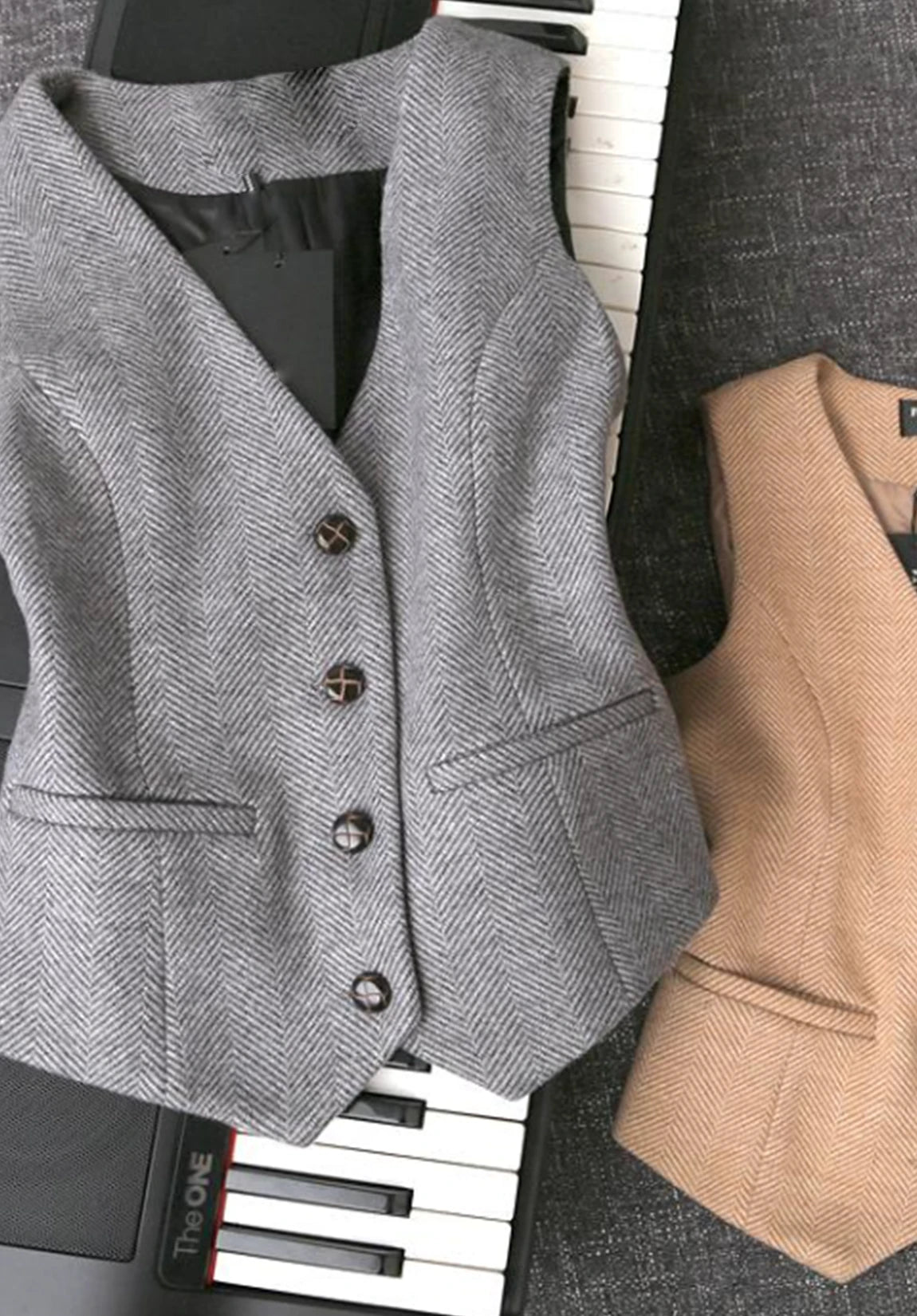 Women's Suit Vest Grey and Khaki Herringbone Product Display