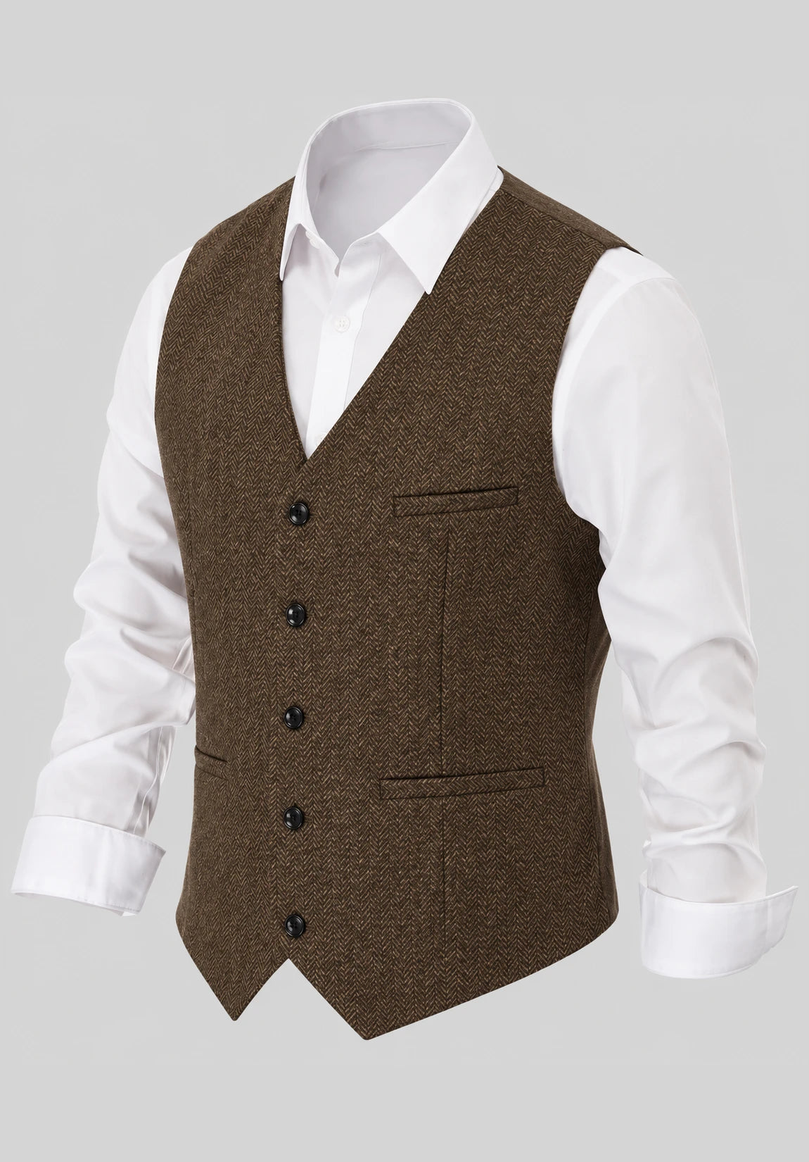 Men's Suit Vest + Brown + Herringbone + Front Product View