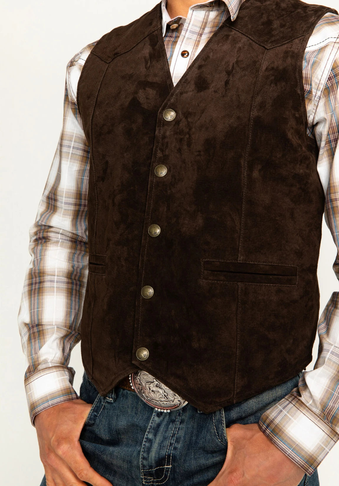 Men's Suit Vest Brown Suede Front Detail View