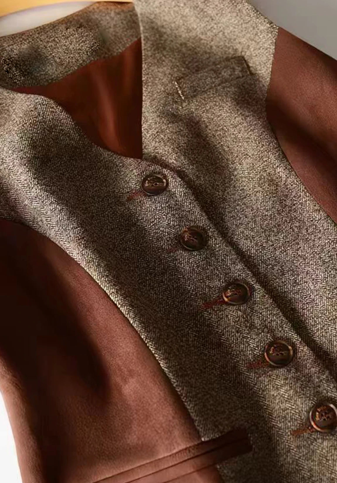 Women's Suit Vest + Brown and Rust + Herringbone Colorblock + Button Detail Close-Up