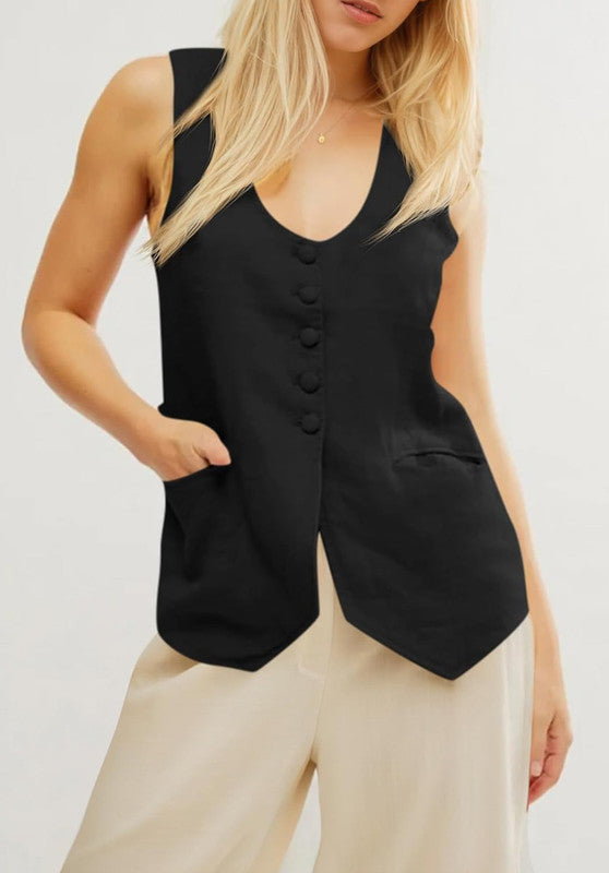 Women's Linen Vest  Blue Side View