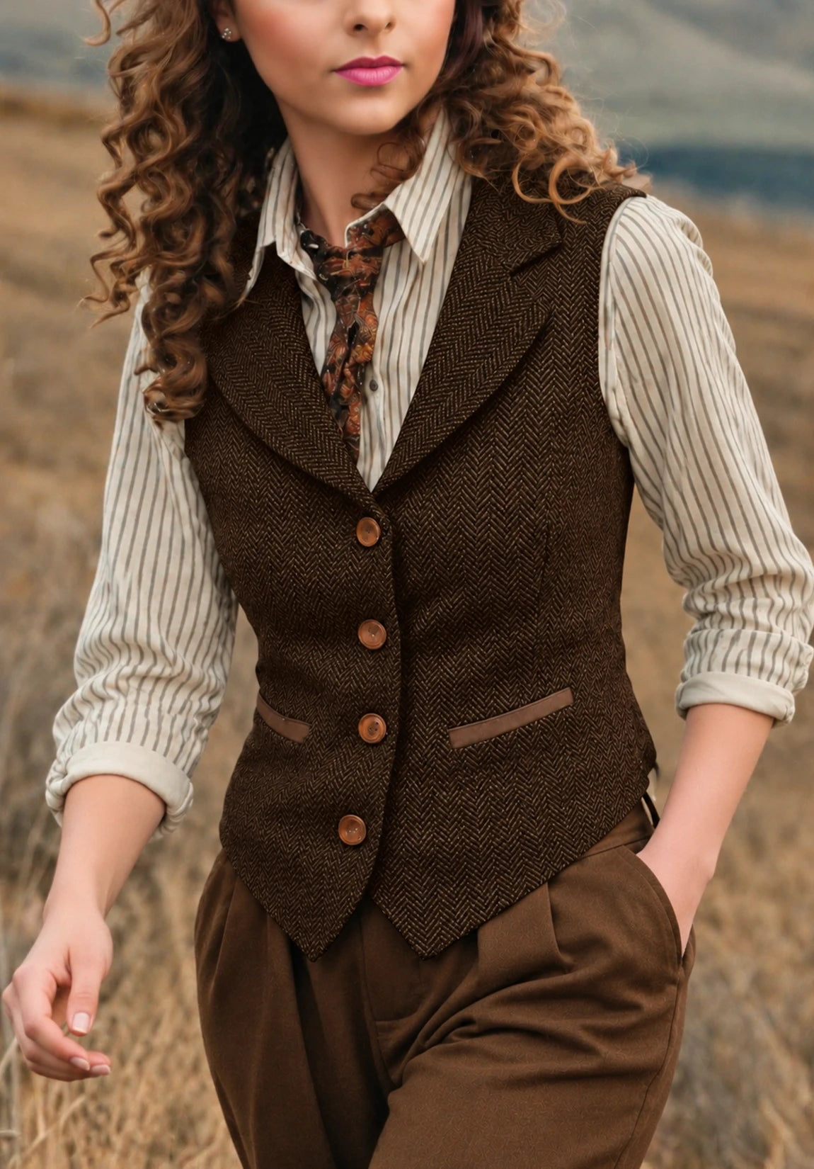 Women's Suit Vest Blue Herringbone Front Styled Look
