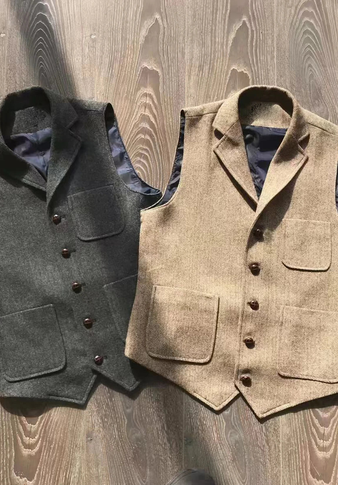 Men's Suit Vest Grey and Khaki Herringbone Two-Color Product Display