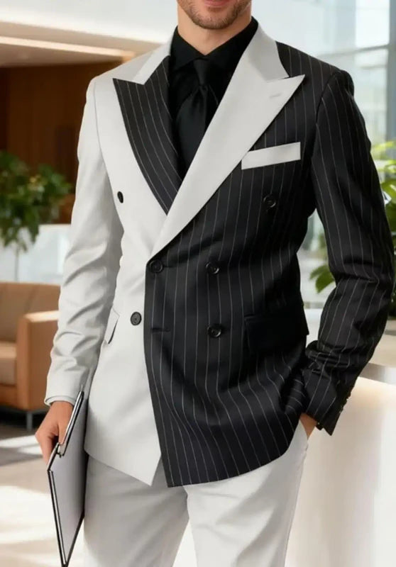 Black and White Contrast Pinstripe Men's Suit Slim Fit