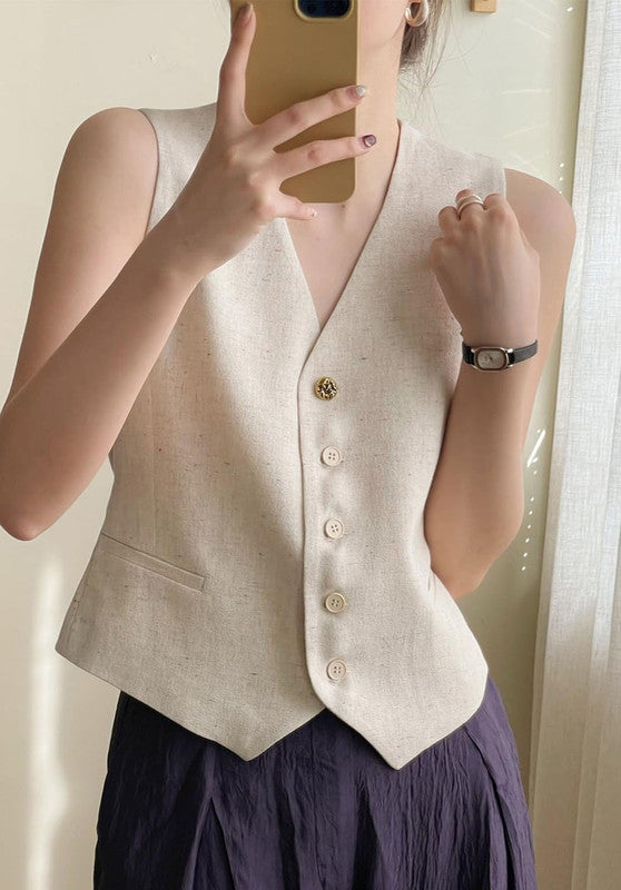 White Women's Linen Vest, Front Casual Pose