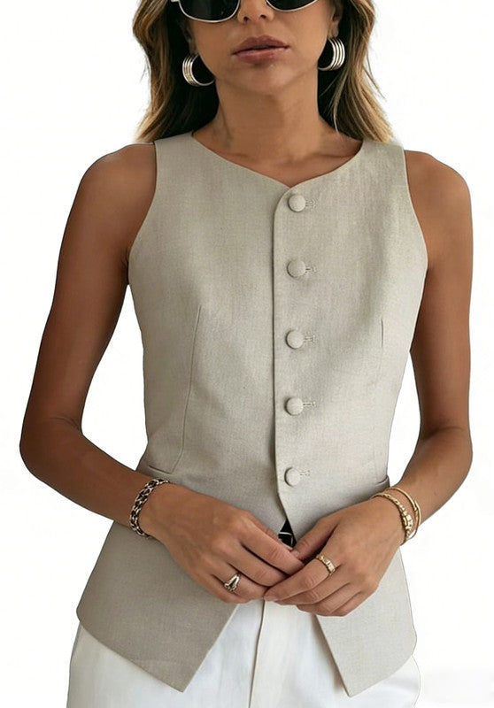 Yellow Women's Linen Vest Front View