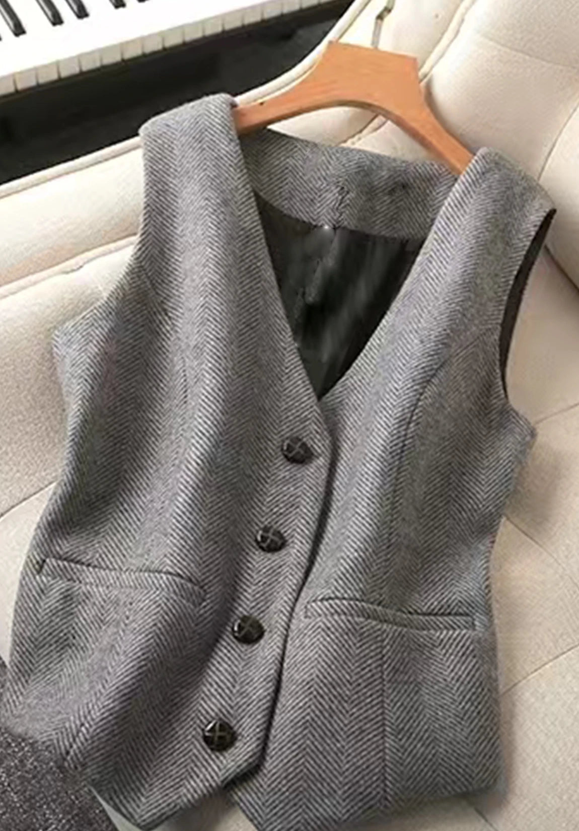 Women's Suit Vest Grey Herringbone Front Product View