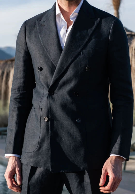 men's linen double-breasted jacket in a smart casual outfit outdoors