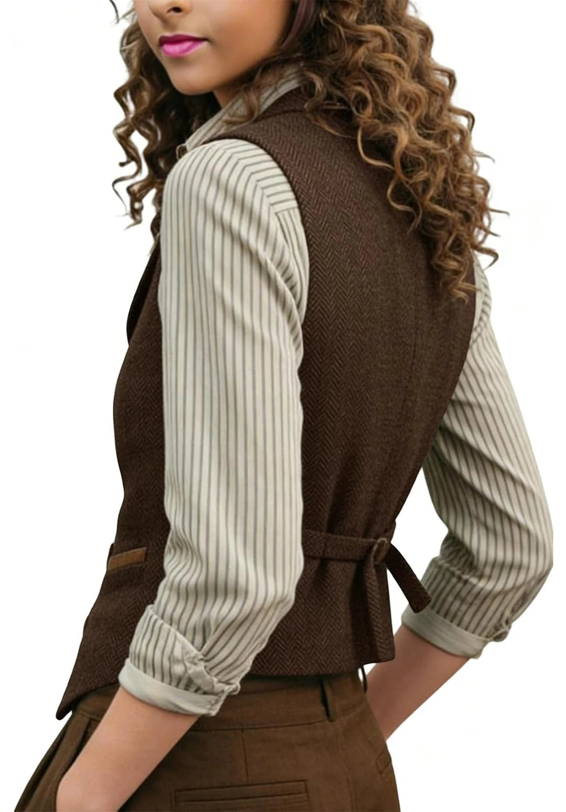 Women's Suit Vest Brown Herringbone Front Styled Look