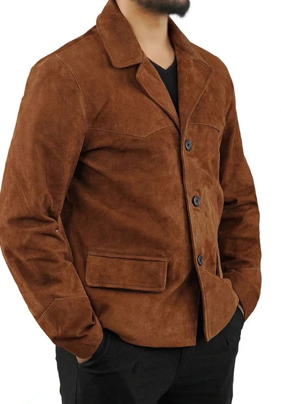Men's suede blazer, black soft suede slim-fit back view with structured silhouette