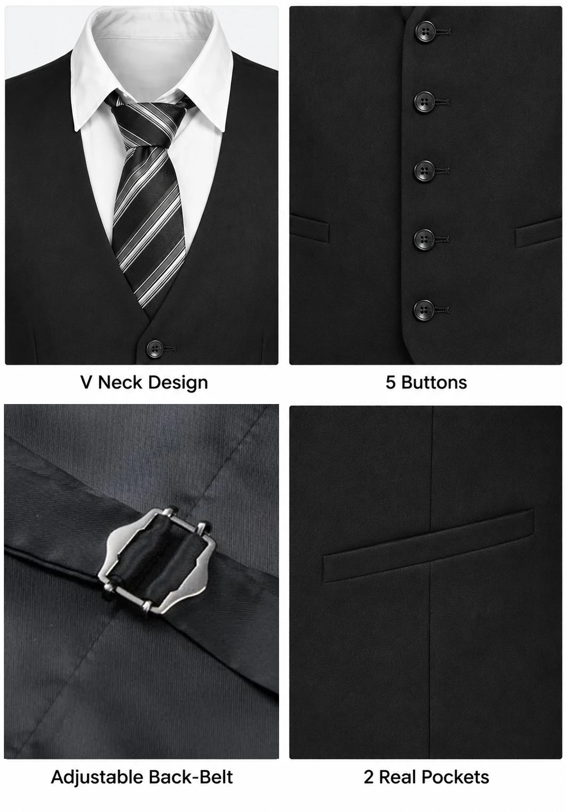 Men's Suit Vest + Black + Five-Button Design + Feature Detail Close-Up