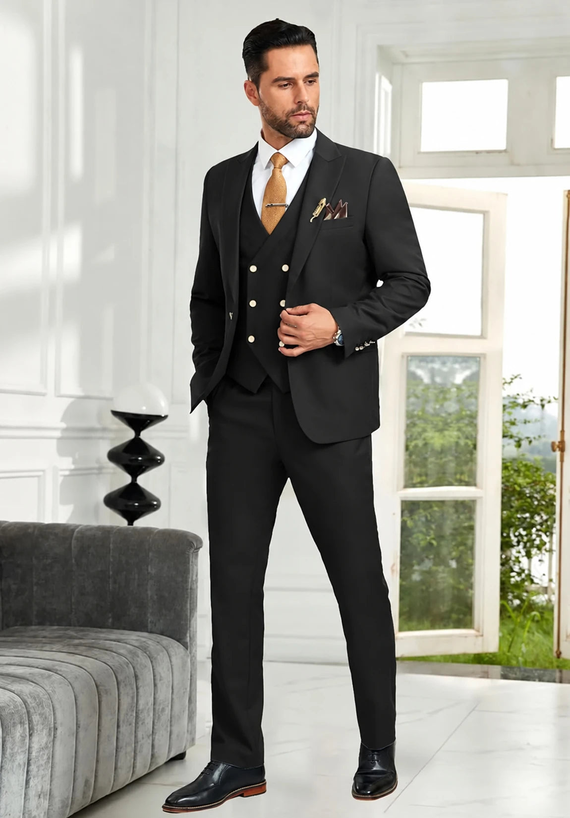 Black Men's Suit with Gold Buttons Slim Fit Luxury 3 Piece