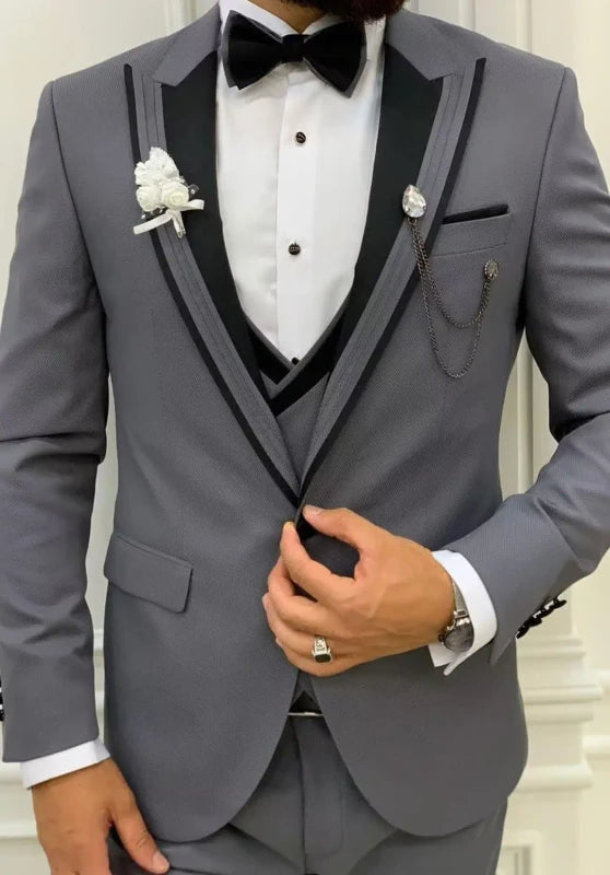 Close up of Grey Men's Wedding Suit Jacket with Black Trim