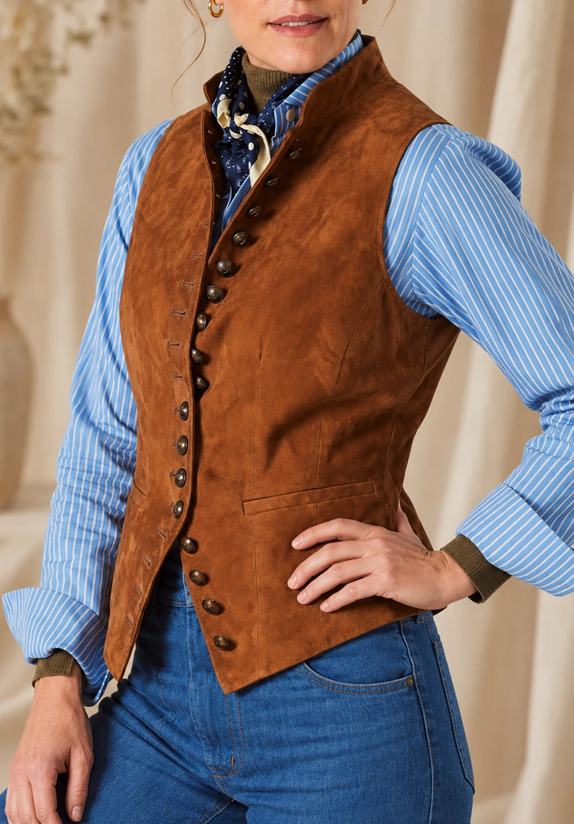 Women's Suit Vest Brown Suede Three-Quarter Styled Look