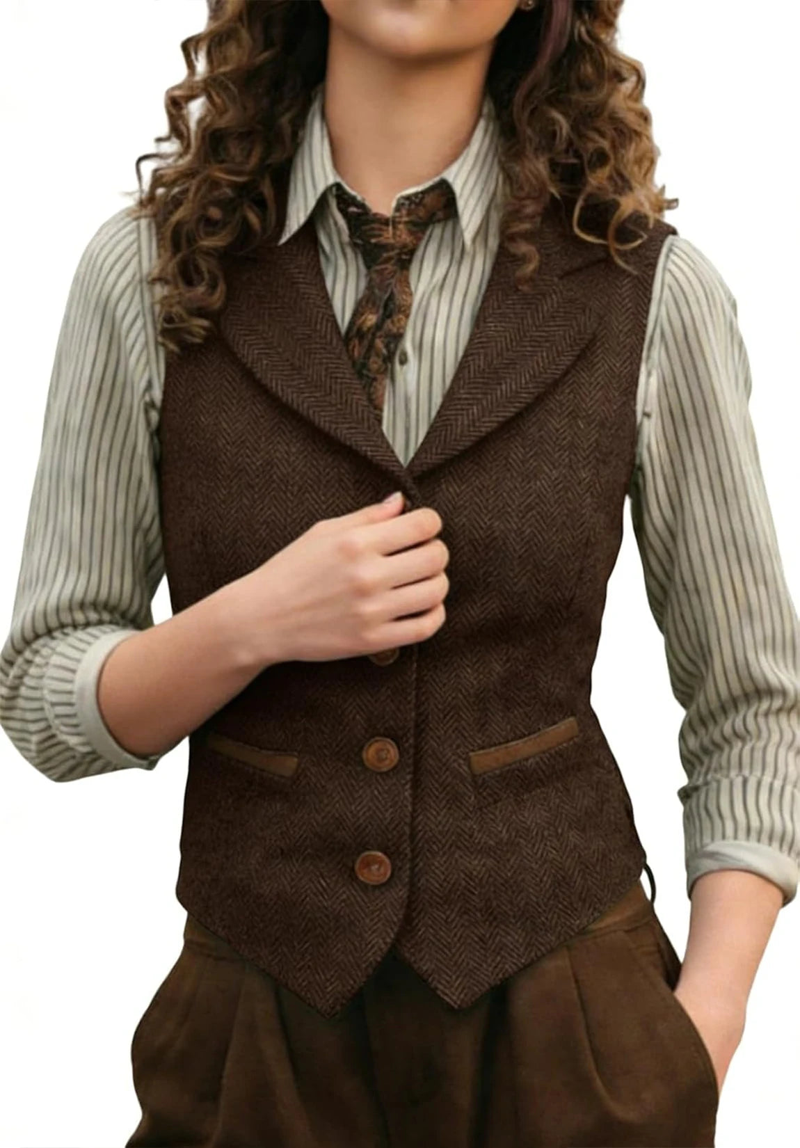 Women's Suit Vest Brown Herringbone Back Three-Quarter Styled Look