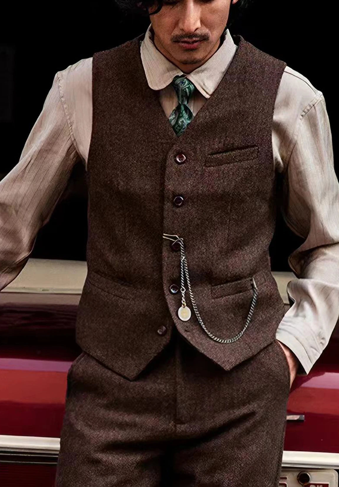 Men's Suit Vest + Brown + Herringbone + Front Detail Styled Look