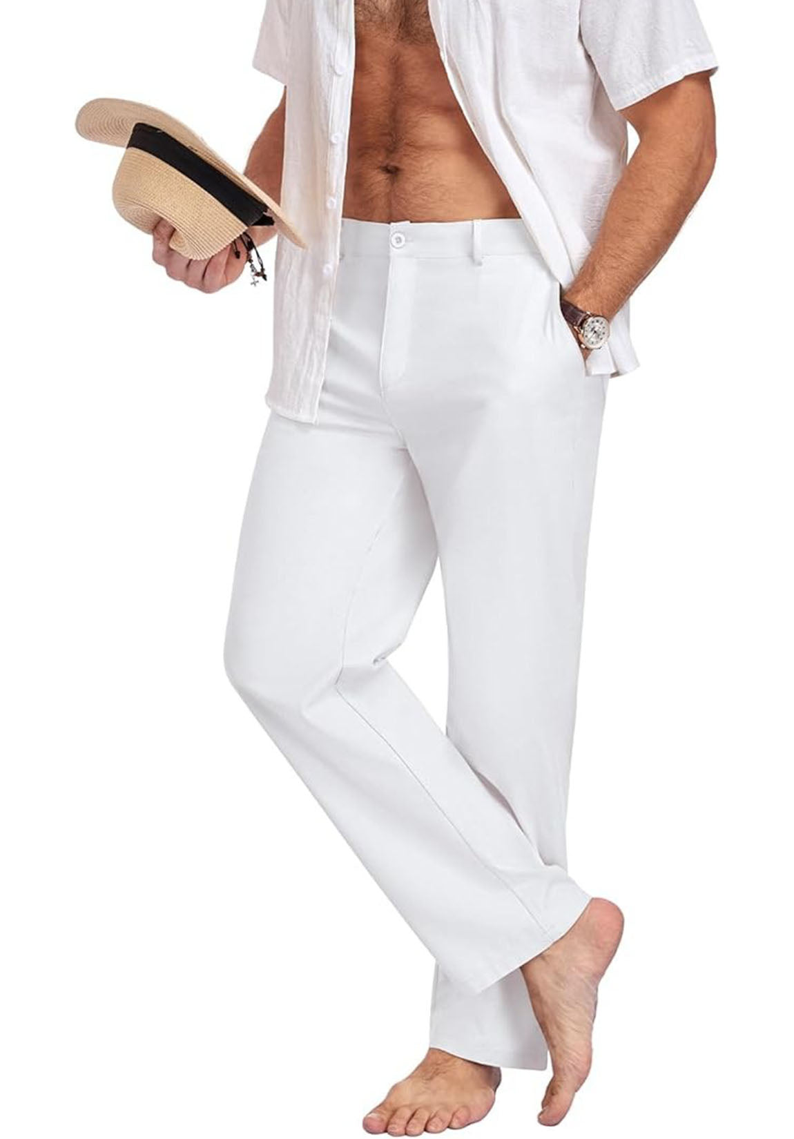 Men's Casual Linen Pants Loose Fit Wide Leg Straight Trousers