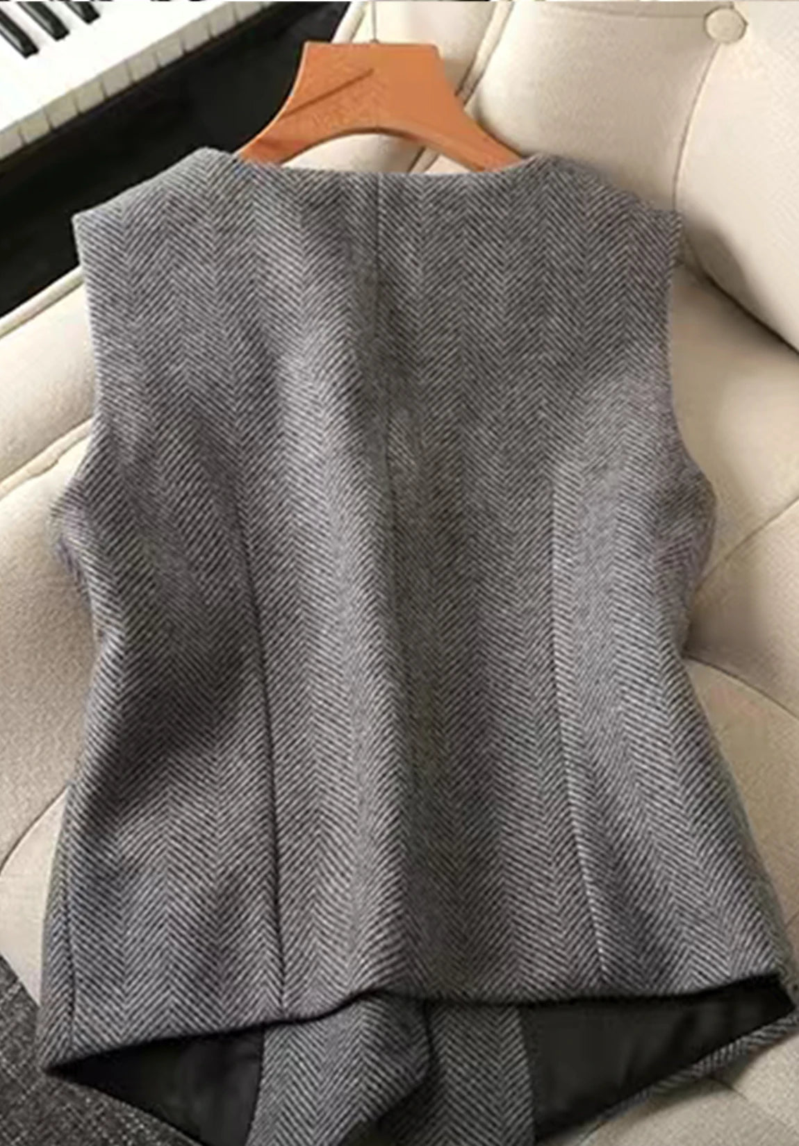 Women's Suit Vest  Grey  Herringbone  Back Product View