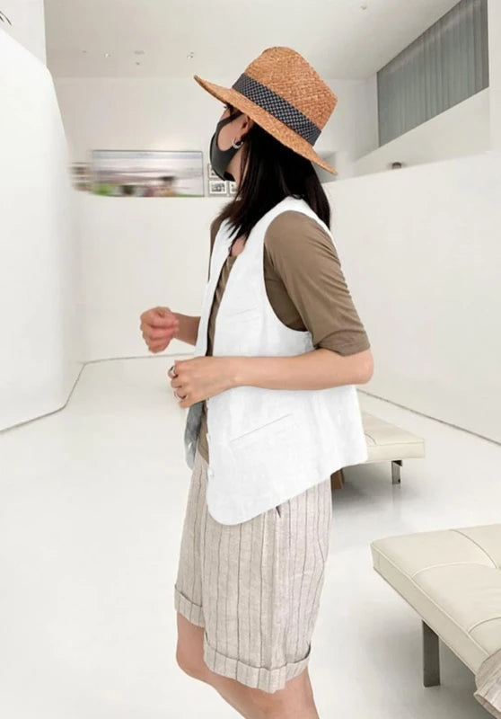 Women's Linen Vest White Side Casual Pose