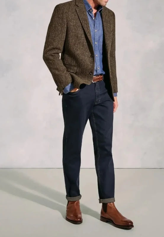 Men's tweed blazer, black textured tweed classic-fit close-up fabric and pocket detail