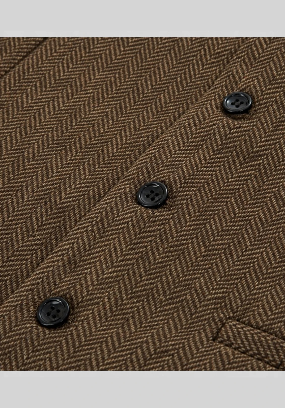 Men's Suit Vest + Brown + Herringbone + Button Detail Close-Up