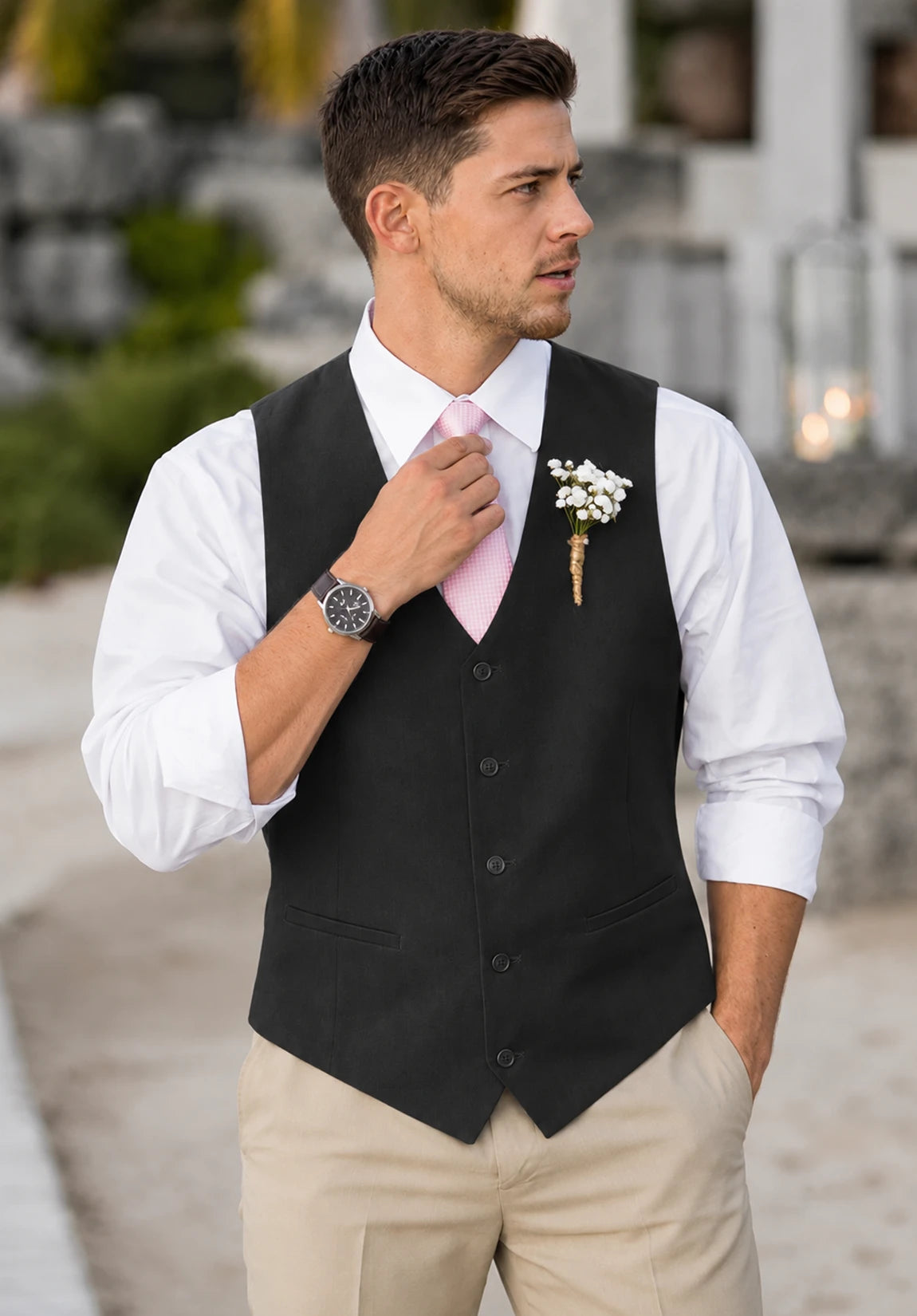 Men's Suit Vest + Black + Five-Button Design + Front Styled Look
