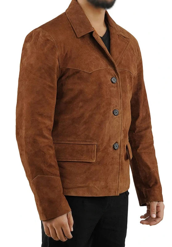 Men's suede blazer, black soft suede slim-fit close-up fabric and pocket detail