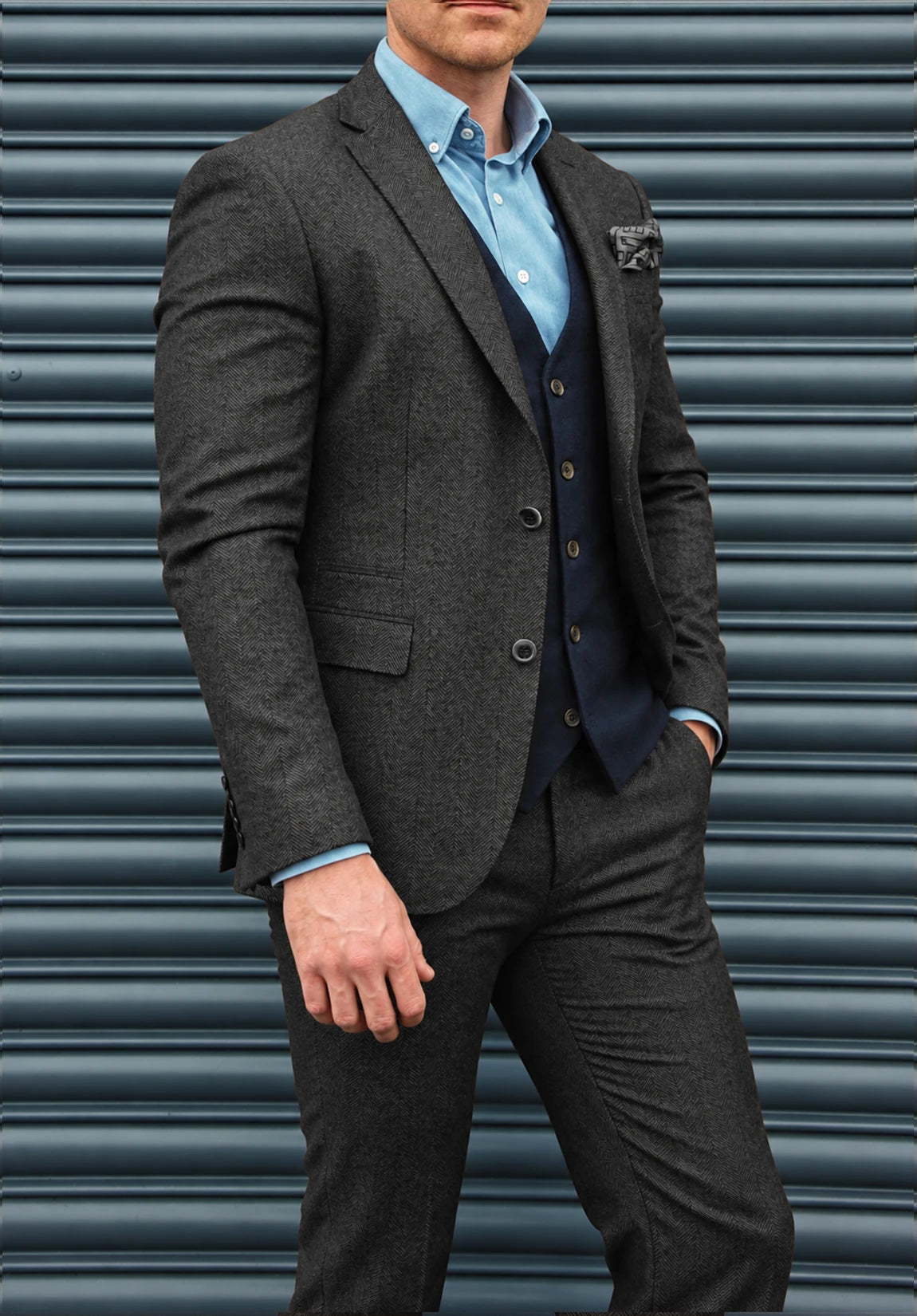 Men's Suit Blazer  Dark Grey  Herringbone  Three-Quarter Styled Look
