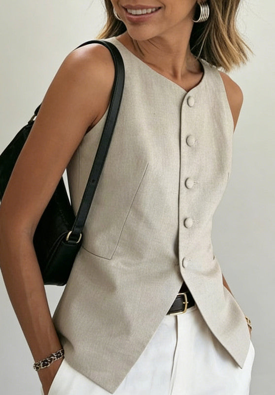 Yellow Women's Linen Vest Side Street Style