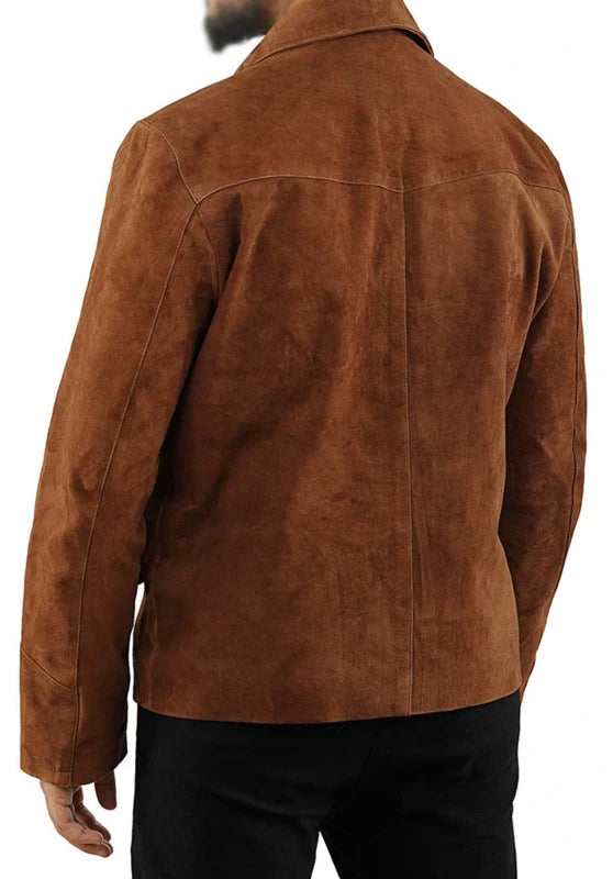 Men's suede blazer, black soft suede slim-fit close-up fabric and pocket detail