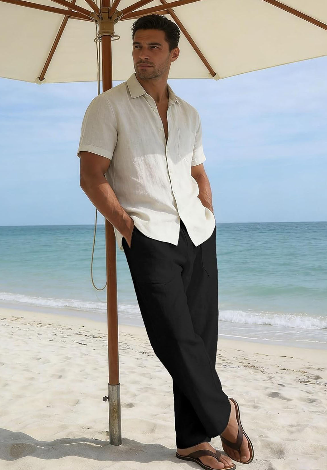 Men's Casual Linen Pants Loose Fit Wide Leg Straight Trousers