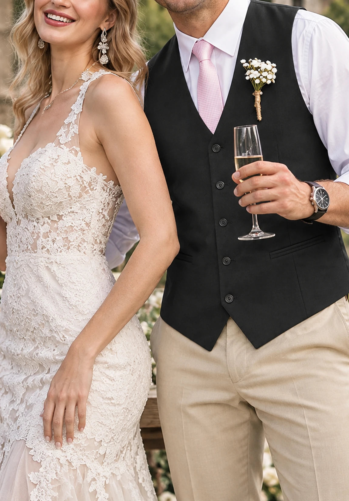 Men's Suit Vest + Black + Five-Button Design + Wedding Styled Look