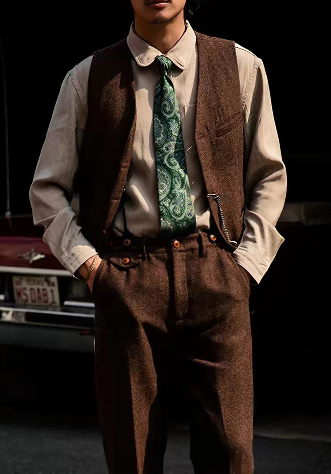 Men's Suit Vest + Brown + Herringbone + Full-Body Styled Look