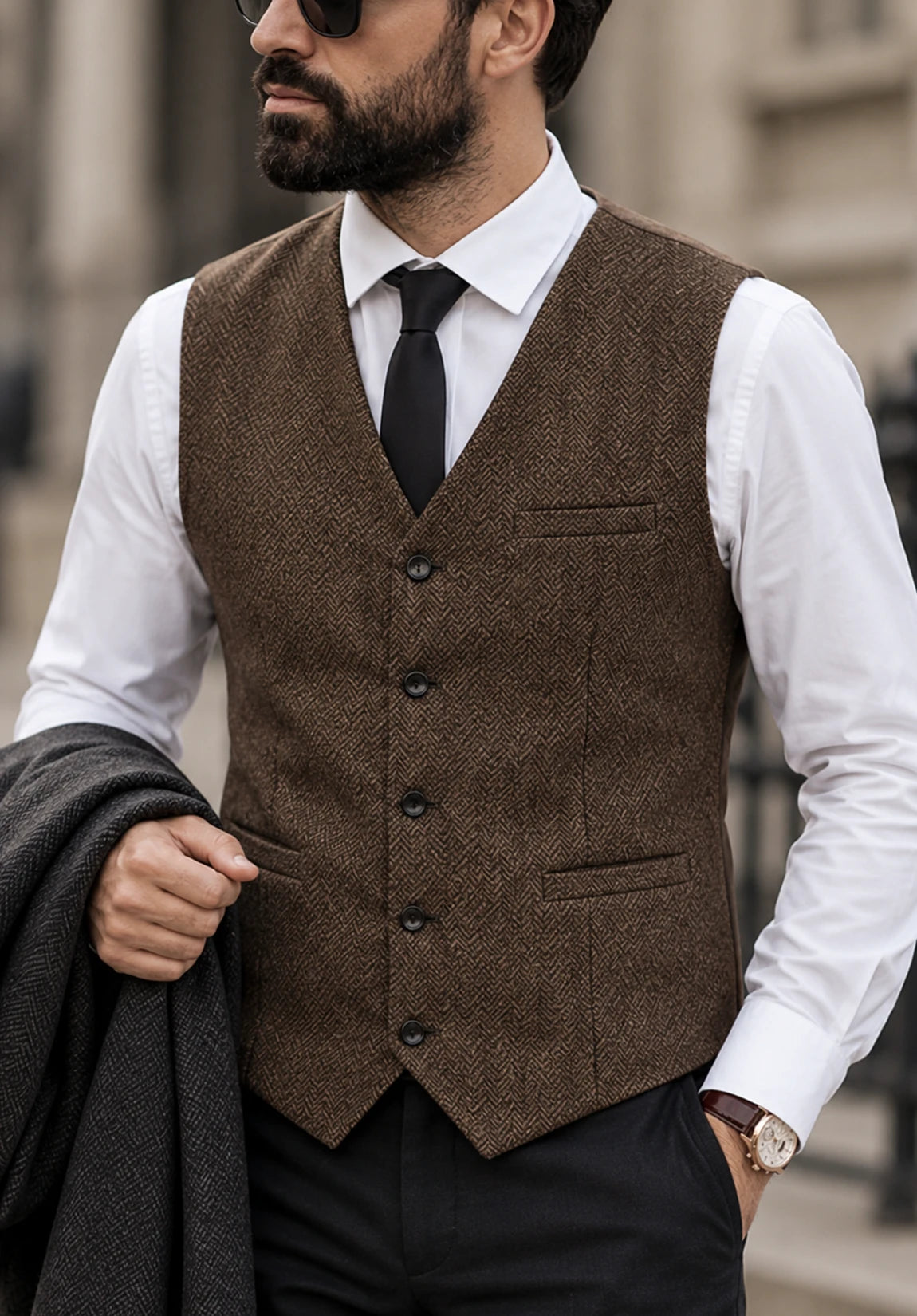 Men's Suit Vest + Brown + Herringbone + Front Styled Look