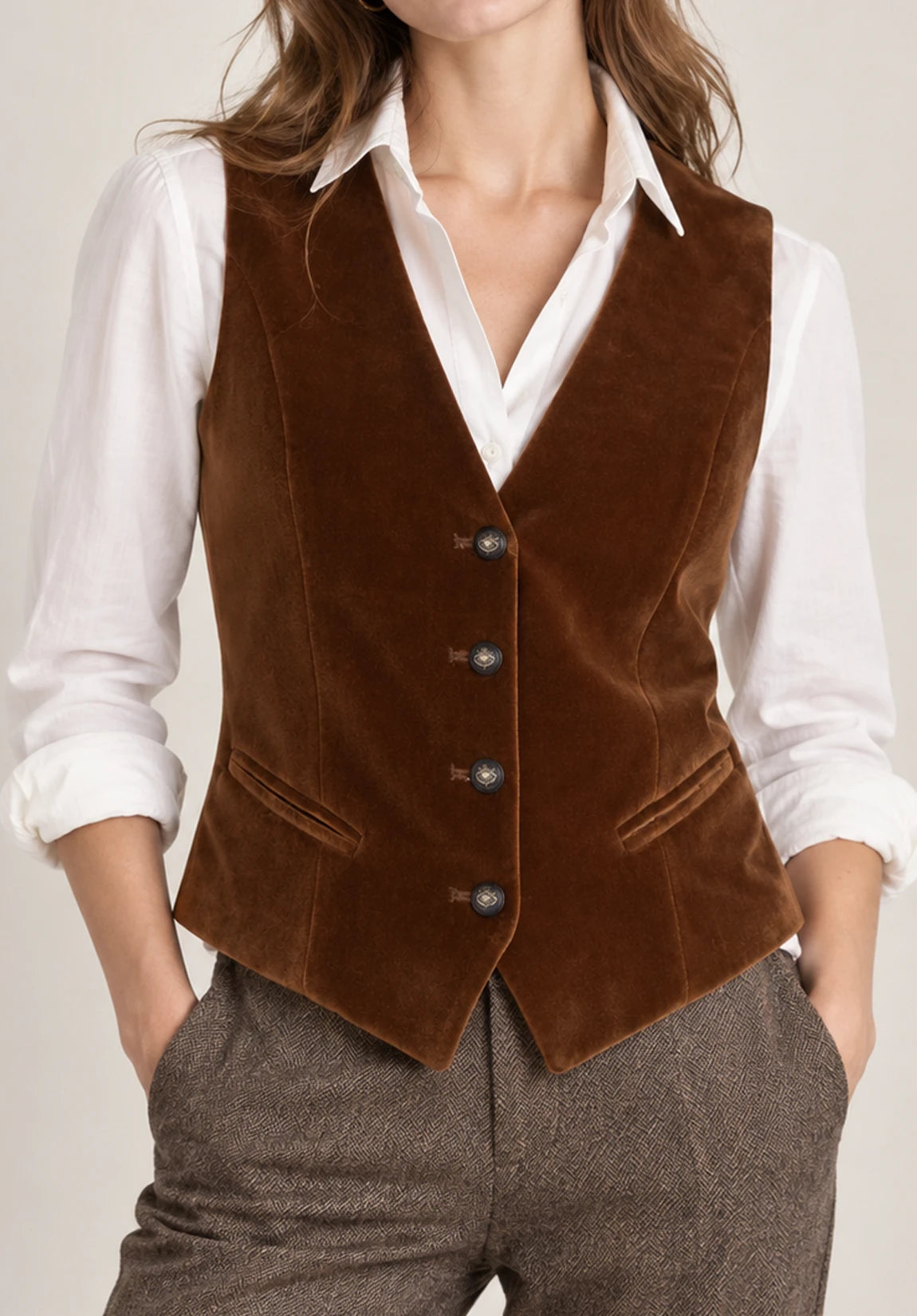 Women's Suit Vest Brown Velvet Front Styled Look