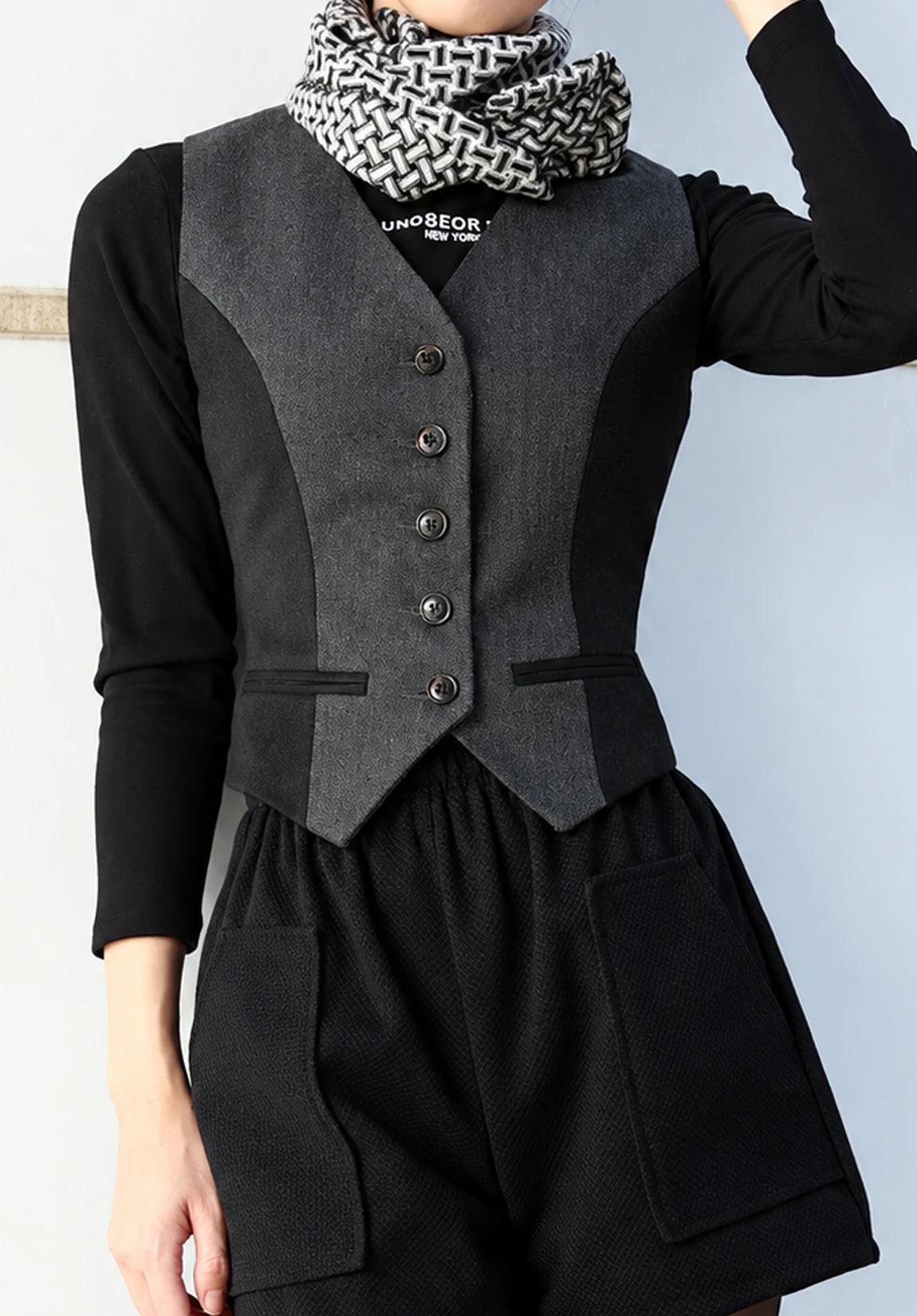 Women's Suit Vest + Dark Grey and Black + Herringbone Colorblock + Front Styled Look