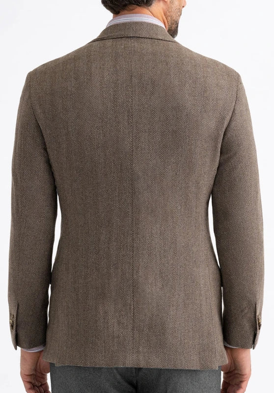 Men's tweed blazer, black textured tweed slim-fit close-up fabric and pocket detail