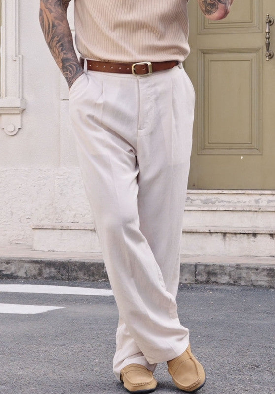 Beige Pleated Linen Pants Men Casual Loose Fit Beach Wear
