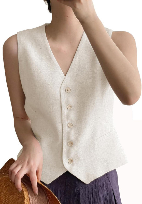 Beige Women's Linen Vest Front View
