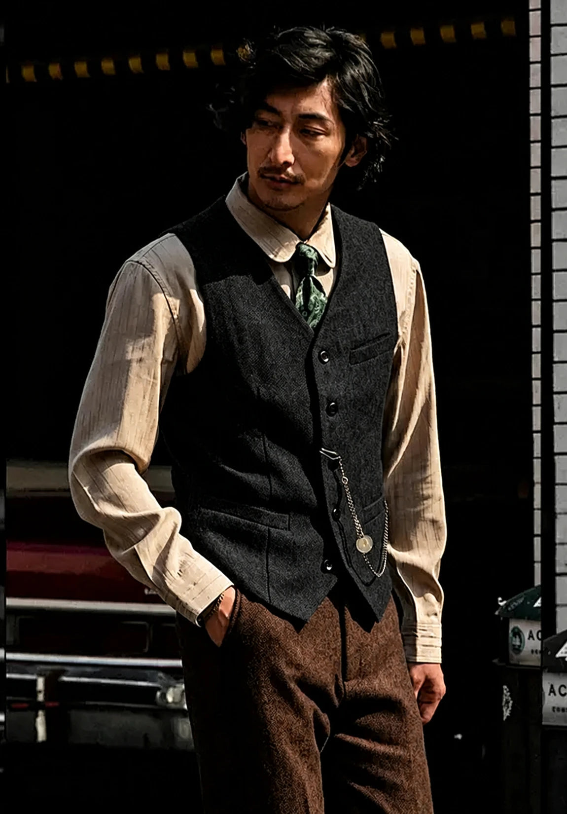 Men's Suit Vest + Black + Herringbone + Front Styled Look
