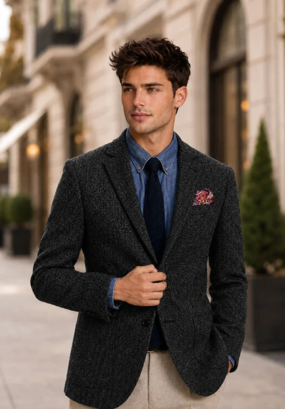 Men's herringbone tweed blazer, black wool-blend fabric slim-fit front view with 2-button closure