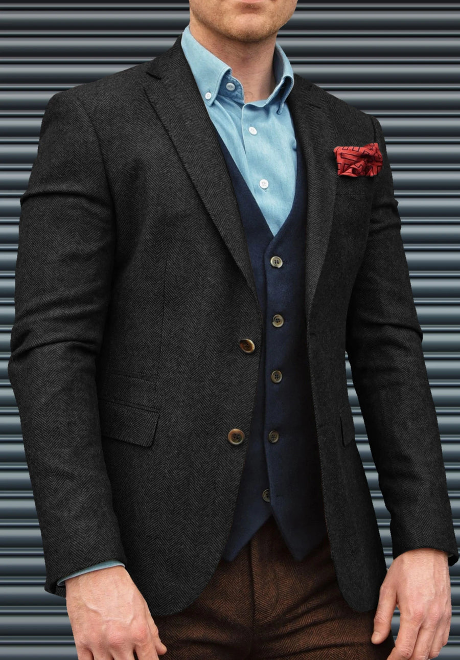 Men's Suit Blazer  Black  Herringbone  Front Styled Look