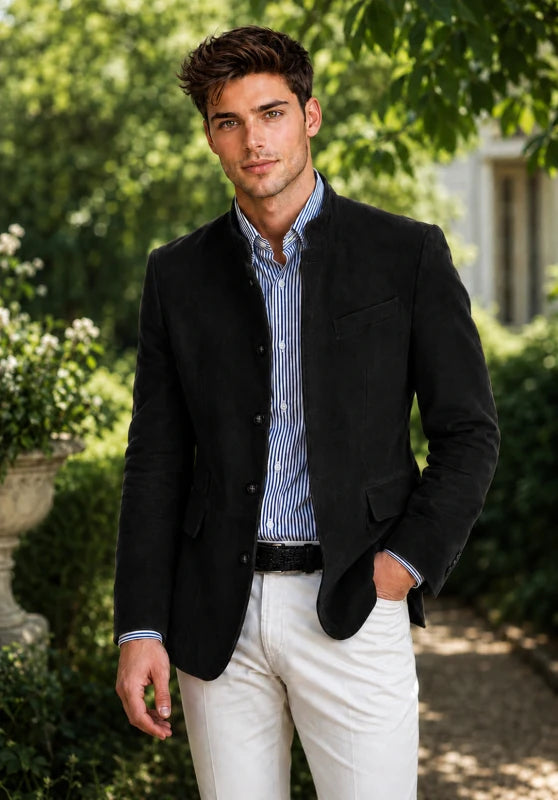 Front view of men's suede blazer in black 