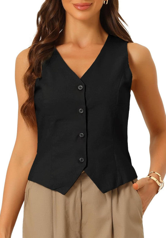 Black Women's Linen Vest Front View